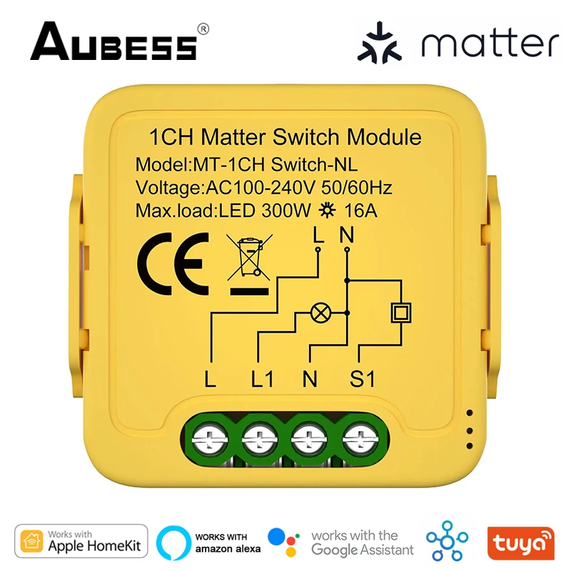 Aubess Matter WiFi Smart Switch Модульное Реле 1-Gang 16A Совместимо С Homekit Smartthings Голосовое Управление Через Alexa Google Home Изображение 0
