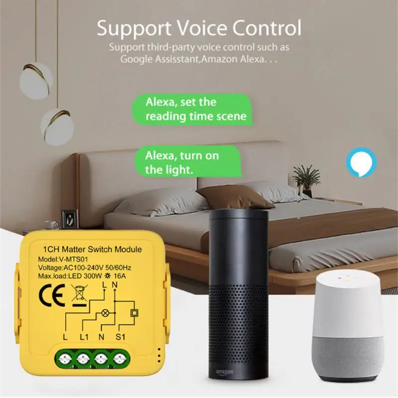 Aubess Matter WiFi Smart Switch Модульное Реле 1-Gang 16A Совместимо С Homekit Smartthings Голосовое Управление Через Alexa Google Home Изображение 3