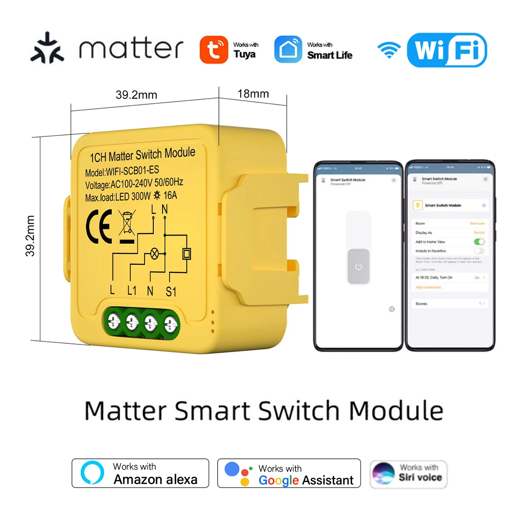 Aubess Matter WiFi Smart Switch Модульное Реле 1-Gang 16A Совместимо С Homekit Smartthings Голосовое Управление Через Alexa Google Home Изображение 5