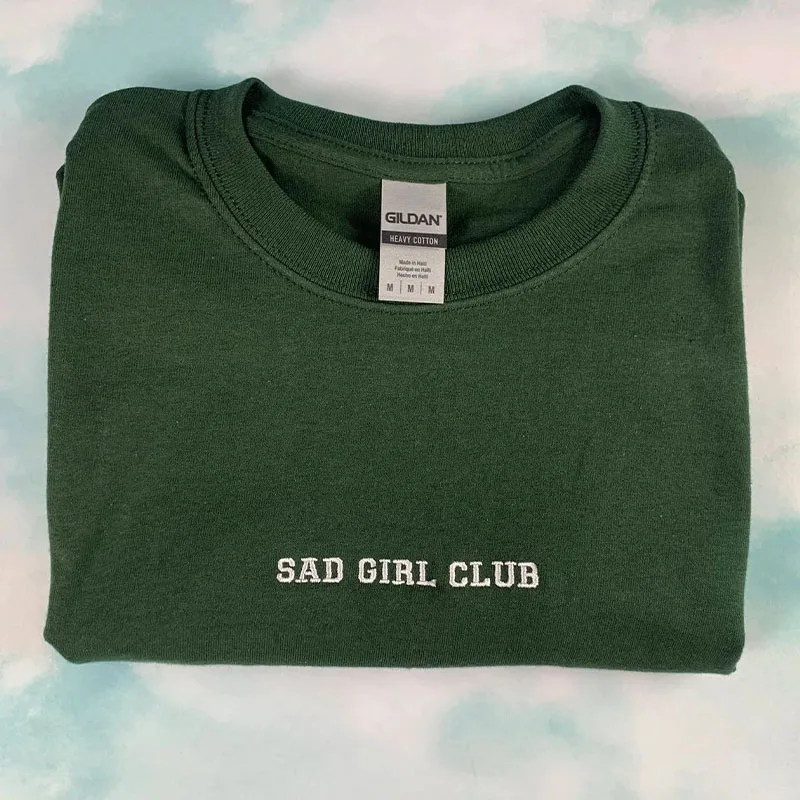 Зеленые футболки с вышитыми буквами Sad Girl Club с коротким рукавом, свободные хлопчатобумажные повседневные эстетичные топы, тройники, модная рубашка Ins Изображение 1