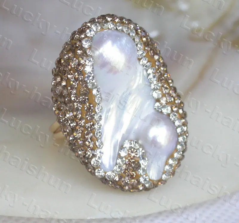 Кольца JQHS AAA с регулируемым блеском из натурального 35-миллиметрового белого возрожденного жемчуга Кеши в стиле барокко C836 Изображение 1