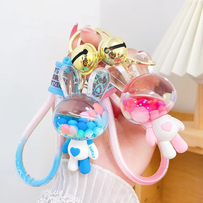 Мультфильм Jelly Bean Love Heart Электрический Брелок Для Ключей В Виде Бутылки С Кроликом, Милый Плавающий Зыбучий Песок, Соответствующий Цвету Куклы-Кролика, Жидкий Брелок Для Ключей Изображение 0