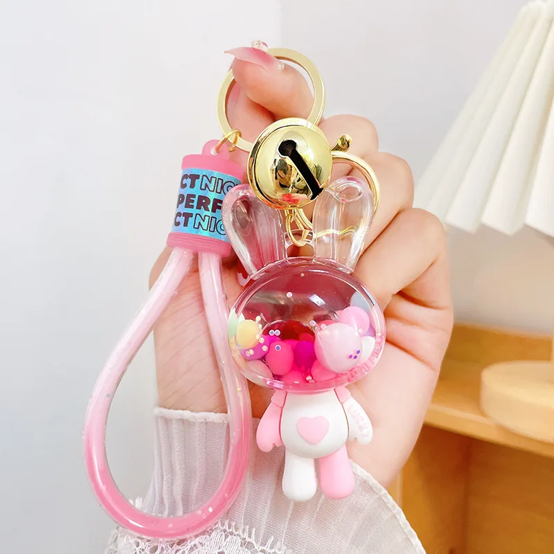 Мультфильм Jelly Bean Love Heart Электрический Брелок Для Ключей В Виде Бутылки С Кроликом, Милый Плавающий Зыбучий Песок, Соответствующий Цвету Куклы-Кролика, Жидкий Брелок Для Ключей Изображение 1