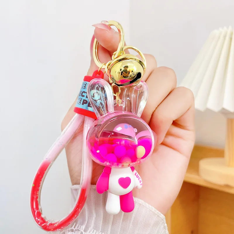 Мультфильм Jelly Bean Love Heart Электрический Брелок Для Ключей В Виде Бутылки С Кроликом, Милый Плавающий Зыбучий Песок, Соответствующий Цвету Куклы-Кролика, Жидкий Брелок Для Ключей Изображение 3