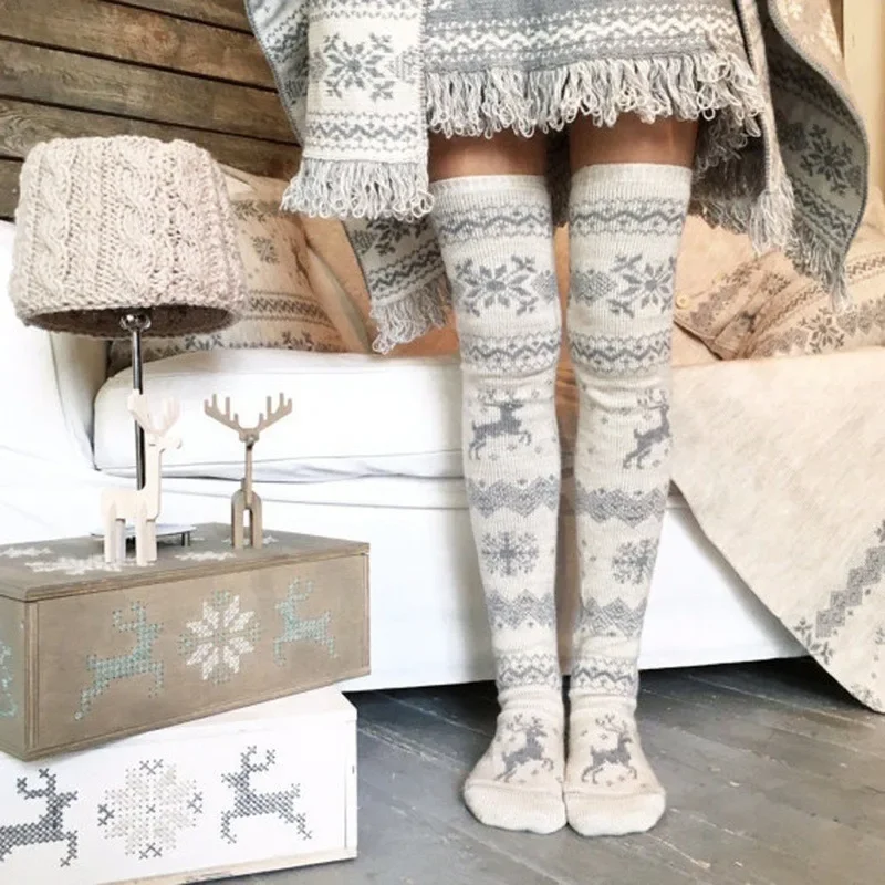 Осенне-зимние новые вязаные рождественские носки со снежинками, носки с толстым ворсом в средней части, домашние шерстяные носки Изображение 1