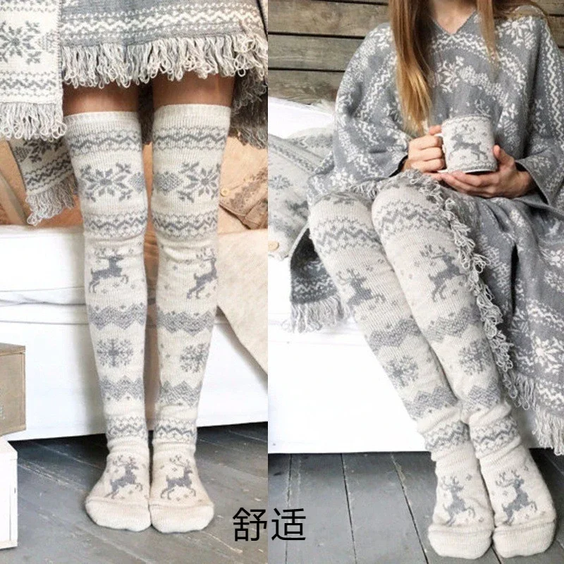 Осенне-зимние новые вязаные рождественские носки со снежинками, носки с толстым ворсом в средней части, домашние шерстяные носки Изображение 3