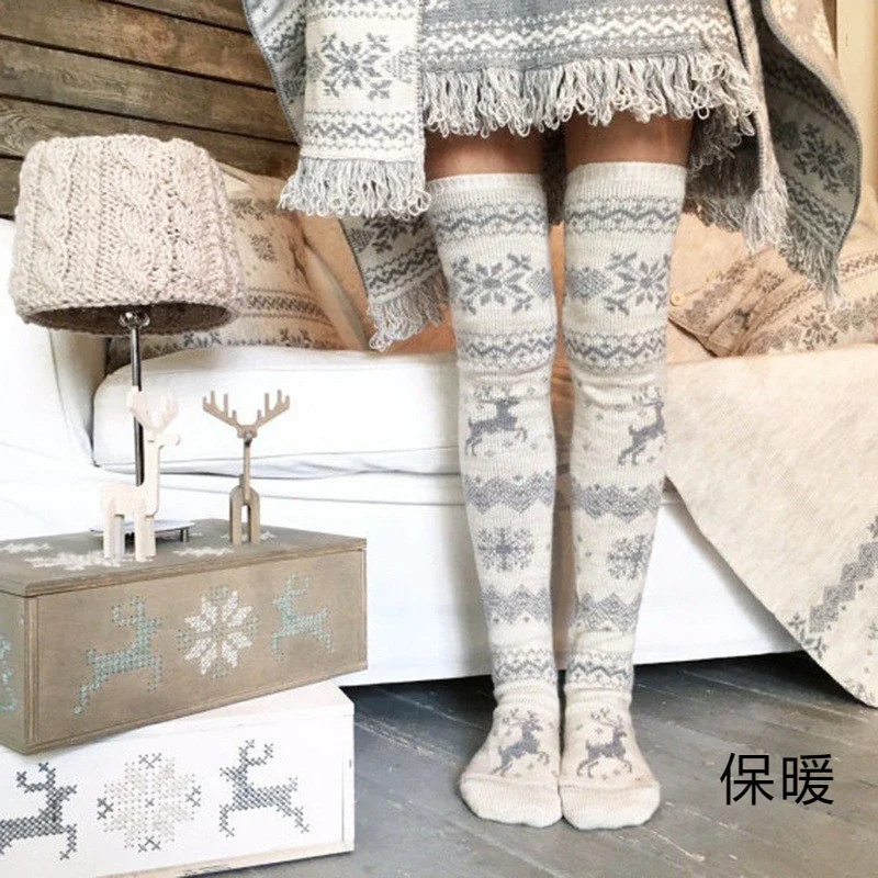 Осенне-зимние новые вязаные рождественские носки со снежинками, носки с толстым ворсом в средней части, домашние шерстяные носки Изображение 4