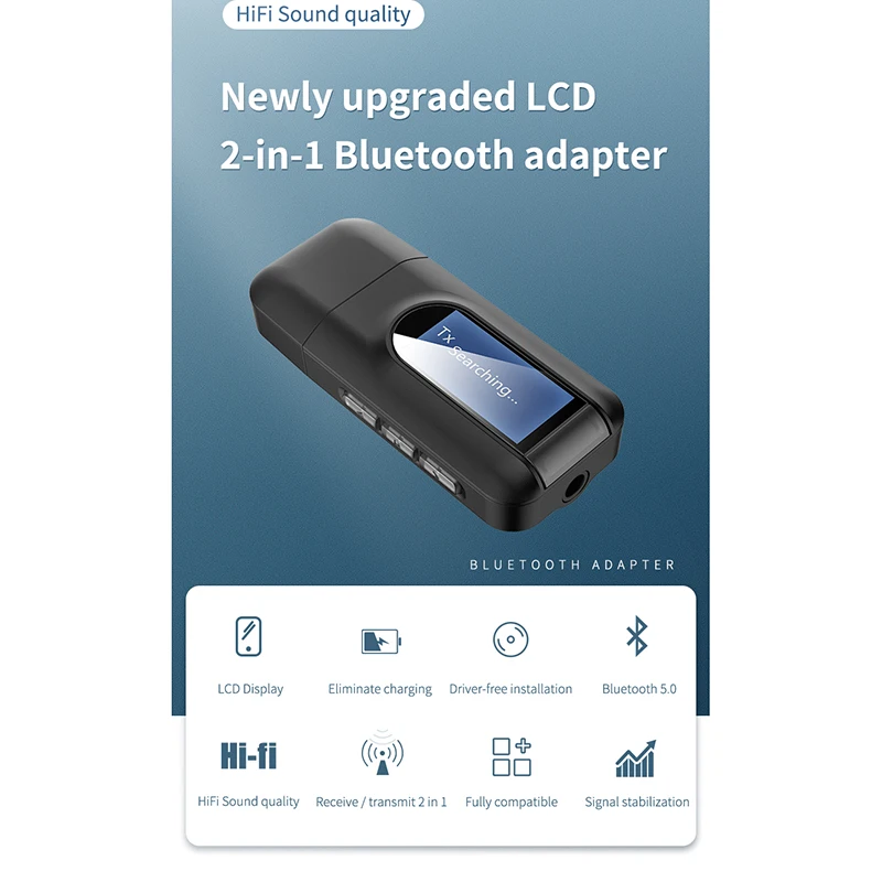 Передатчик И Приемник Bluetooth 5.0, Беспроводной Адаптер 2 В 1 С ЖК-Дисплеем 3,5 Мм AUX USB Стерео Для ПК, Телевизора, Автомобильных Наушников Изображение 0