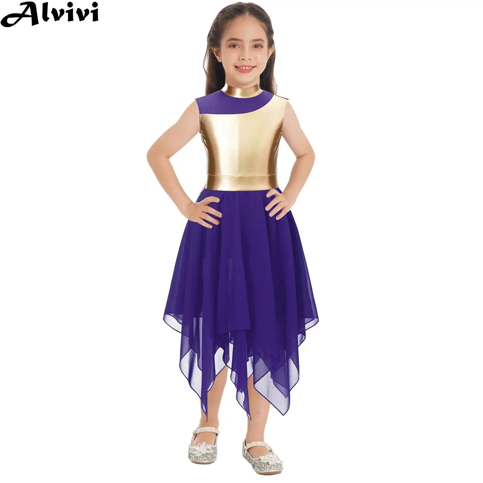 Платье без рукавов с асимметричным подолом для девочек от 6 до 16 лет, современный костюм для лирических танцев, бальных танцев, церковного хора Изображение 0