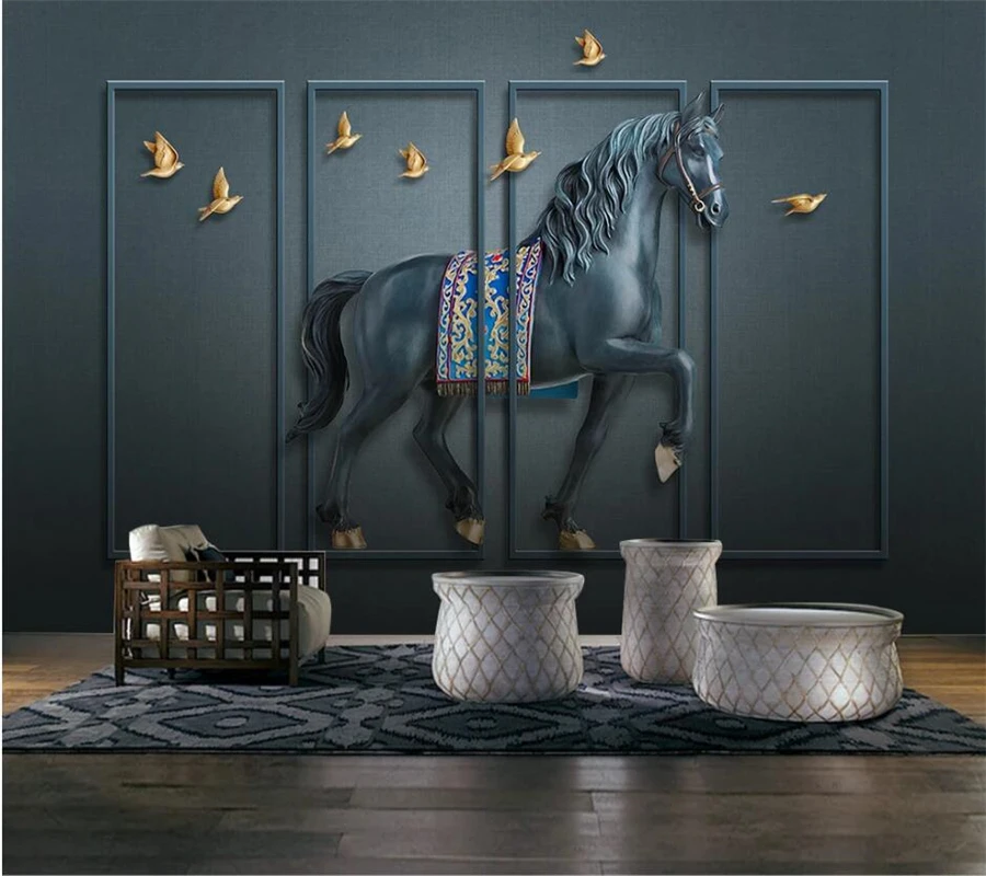 Пользовательские обои 3d фотообои рельефная лошадиная ширма новый китайский фон обои домашний декор 3D обои из папье-маше Изображение 0