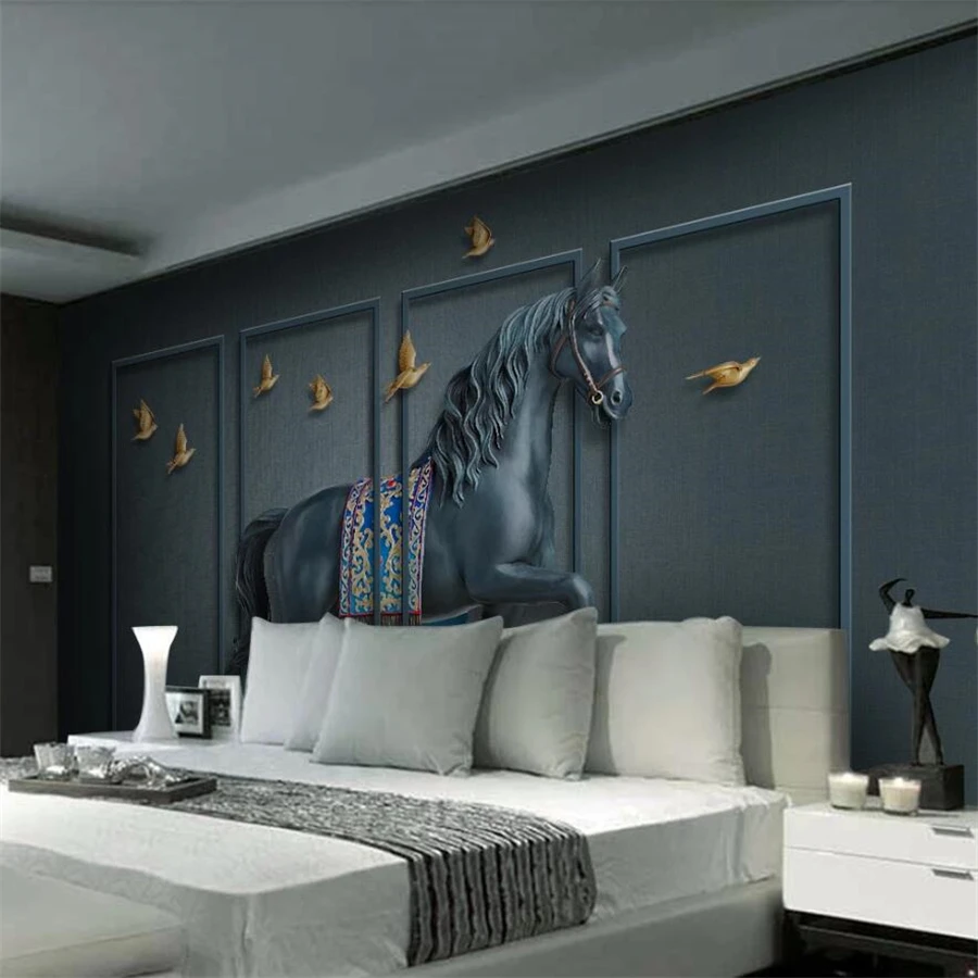 Пользовательские обои 3d фотообои рельефная лошадиная ширма новый китайский фон обои домашний декор 3D обои из папье-маше Изображение 3