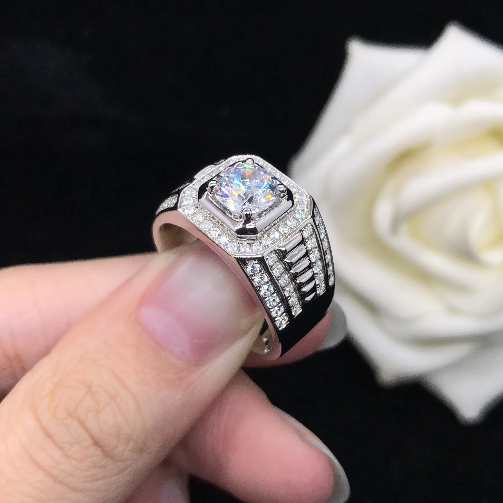 Потрясающее мужское кольцо с бриллиантом круглой огранки 1 карат, Обручальное Мужское ювелирное изделие из твердой платины 950 R115 Изображение 2
