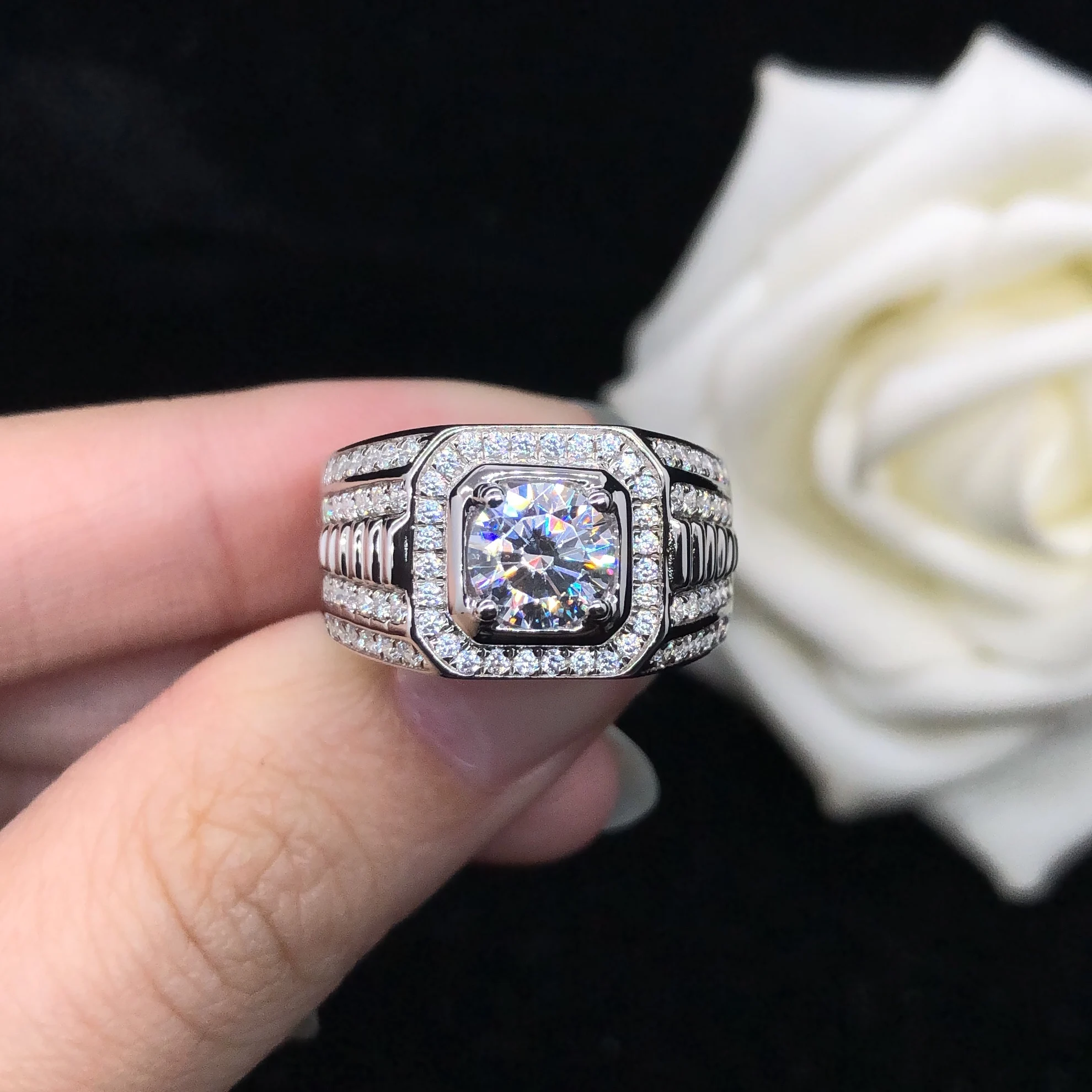 Потрясающее мужское кольцо с бриллиантом круглой огранки 1 карат, Обручальное Мужское ювелирное изделие из твердой платины 950 R115 Изображение 3