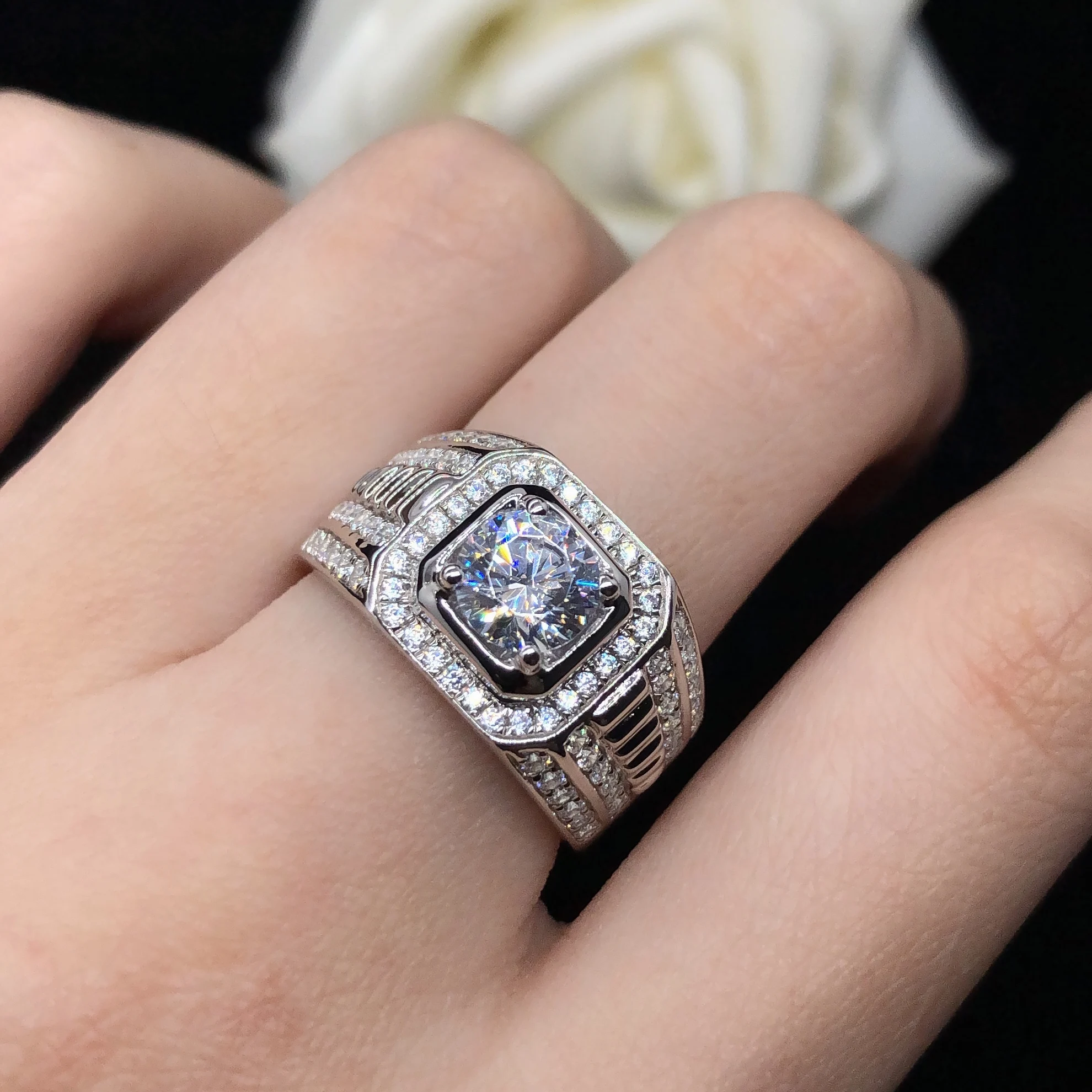 Потрясающее мужское кольцо с бриллиантом круглой огранки 1 карат, Обручальное Мужское ювелирное изделие из твердой платины 950 R115 Изображение 4