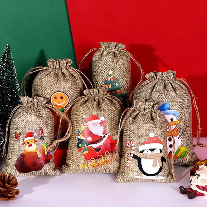 Рождественский Адвент-календарь Набор подарочных пакетов 24шт Льняные Подвесные сумки Санта-Клаус DIY Merry Christmas Пакеты для конфет Navidad Новый 2024 Год Изображение 1