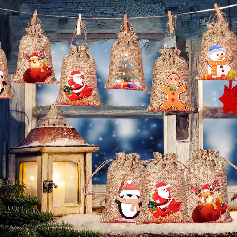 Рождественский Адвент-календарь Набор подарочных пакетов 24шт Льняные Подвесные сумки Санта-Клаус DIY Merry Christmas Пакеты для конфет Navidad Новый 2024 Год Изображение 4