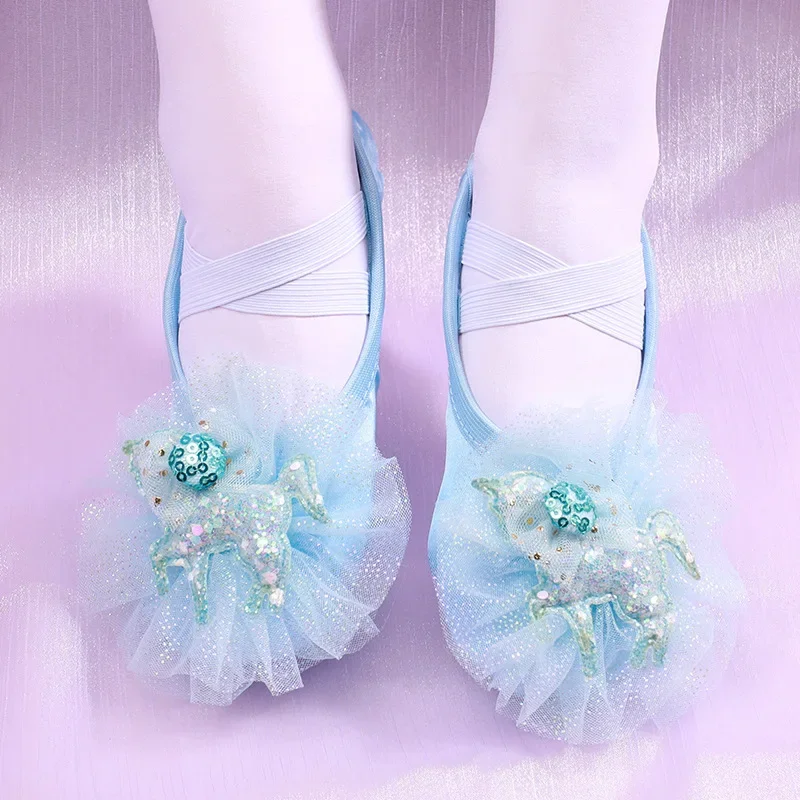 Сетчатые женские танцевальные туфли с рисунком из мультфильма, синие, розовые, детская Женская обувь для взрослых, Детские балетные кроссовки, Балетные сапоги для девочек, балетки Изображение 0