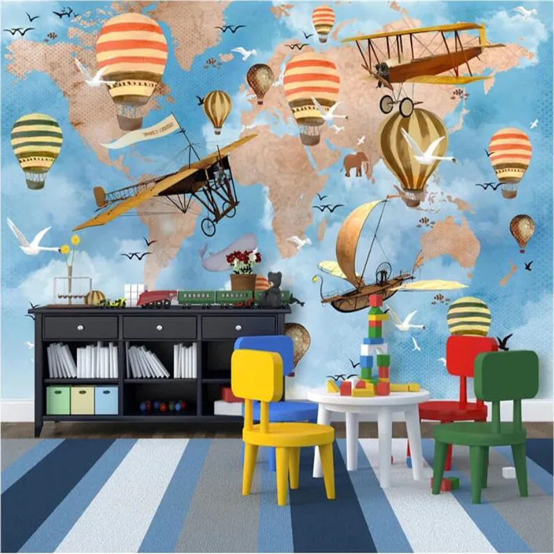 Скандинавский мультфильм Путешествие вокруг света Космический корабль Воздушные шары Обои Домашний декор Детская комната Фон Фреска Обои 3D Изображение 0