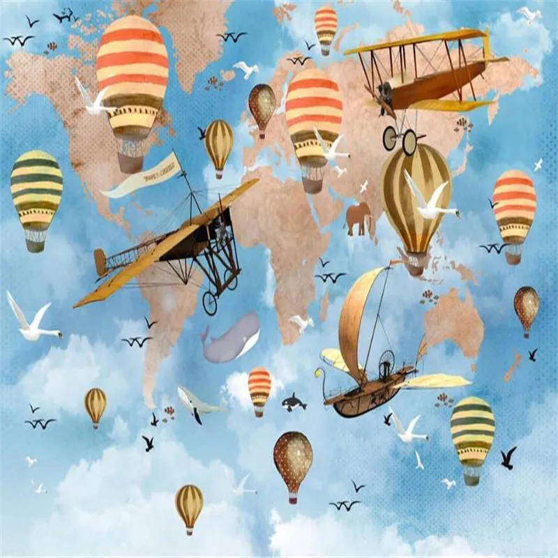 Скандинавский мультфильм Путешествие вокруг света Космический корабль Воздушные шары Обои Домашний декор Детская комната Фон Фреска Обои 3D Изображение 3